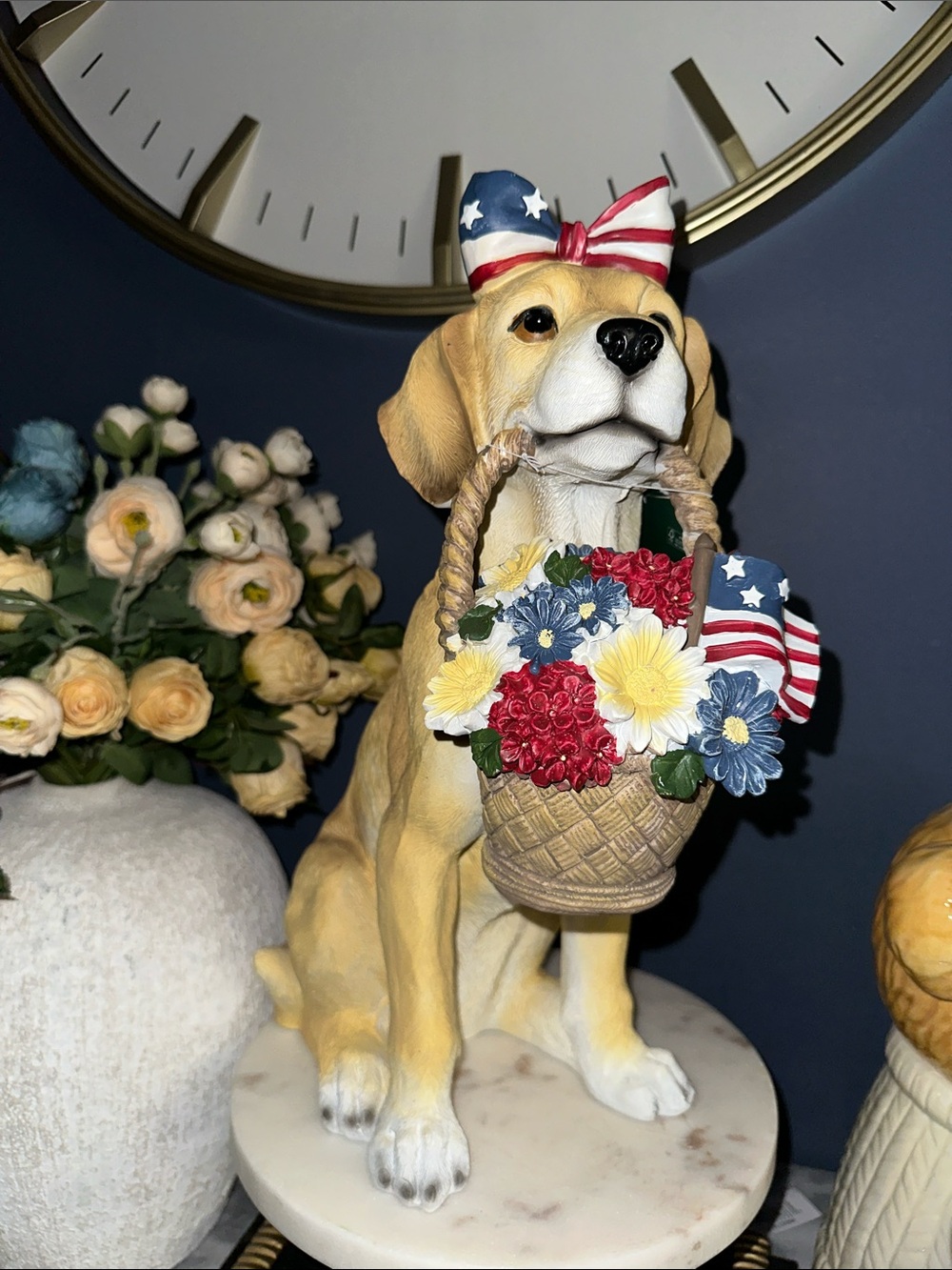 Patriotic Dog Figurine Holding Flower Basket